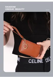 Mini Litchi Pattern Coin Purse with Wrist Strap and Key Ring, Brown PU Leather Zipper Pouch