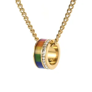 Close-up detail of a titanium steel rainbow cylinder pendant necklace with sparkling CZ stones