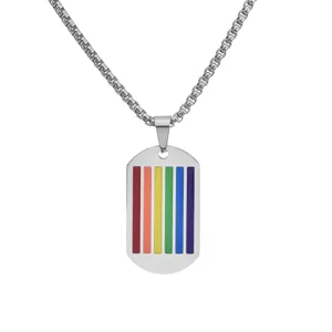 Collar de placa militar de acero inoxidable con rayas esmaltadas de arcoíris para hombre chic.