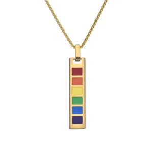 Close-up of a gold titanium steel rectangular pendant necklace with six colorful rainbow squares