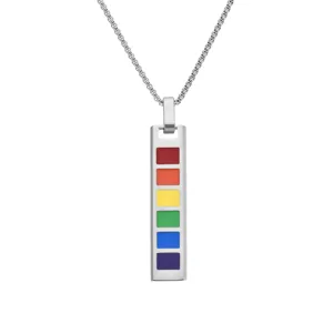 Detailed macro view of a durable titanium steel necklace with colorful rainbow bar pendant