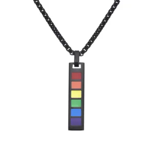 Titanium Steel Rainbow Rectangle Pendant Necklace For Men LGBTQ Pride Jewelry Long Black Silver Bar Necklace Accessory