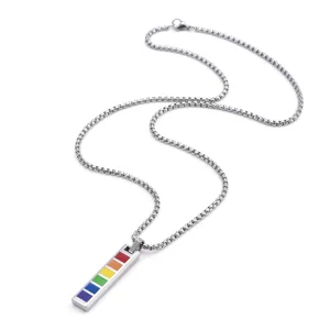 Detailed macro shot of a rainbow pride bar pendant necklace in polished titanium steel.