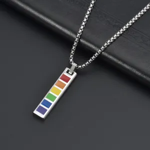 Rainbow pride flag rectangular pendant necklace in silver titanium steel box chain