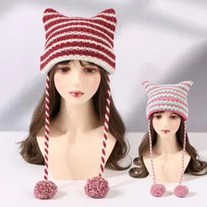 Gorro de punto orejas de gato mujer otoño invierno cálido pompón bonito borlas largas