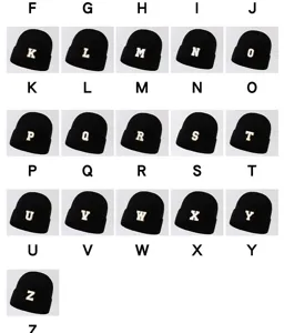 Black fashion letter patch knit beanie hat, warm winter casual street style cap for men women.