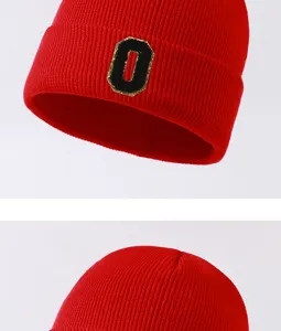 Red knitted beanie winter warm cold-proof cap with stylish letter patch embroidery detail