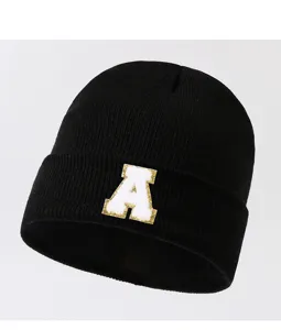Black fashion letter knit beanie hat for men and women, stylish winter warm casual cap.