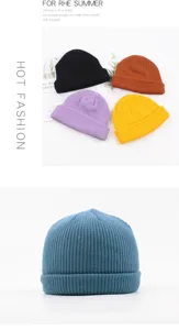 Detailed view of fashionable solid color knitted beanies, warm casual melon caps in various hues.