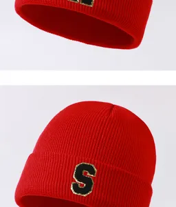 Red knitted beanie hat with stylish letter patch embroidery, warm winter cap for men women.