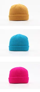 Solid color knit watch cap for men and women, warm winter melon hat, minimalist casual style.