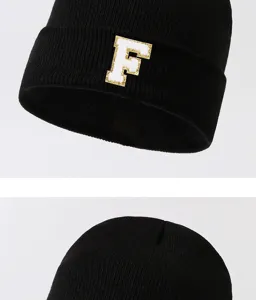 Black knit beanie hat with letter F patch, warm winter streetwear casual cap for men and women