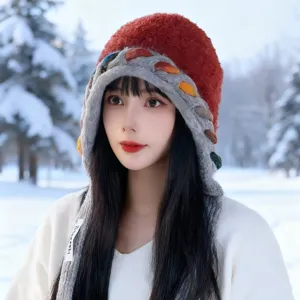 Chapeau cagoule tricoté coloré style japonais femmes automne hiver peluche chaud bonnet pull
