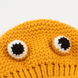 Gorro de punto amarillo con detalles de ojos 3D lindos, gorro de invierno cálido mujer.