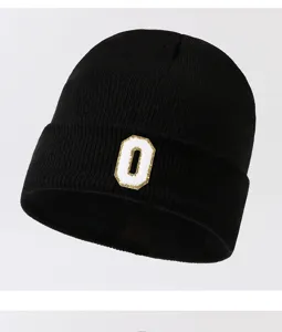 Black fashion letter patch knitted beanie hat for men and women warm winter street style