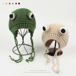Lindo Gorro de Punto de Rana para Mujer Otoño Invierno Cálido Orejeras Ganchillo Novedad Animal Calavera Gorra Lindo Moda Sombreros
