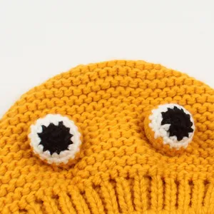 Gorro de punto amarillo con divertidos ojos 3D, gorro de lana cálido y bonito para mujer.