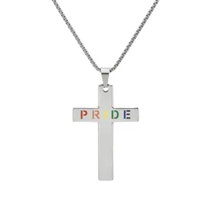 Collar con Colgante de Cruz de Arcoíris de Orgullo de Acero de Titanio para Hombres y Mujeres Joyería de Cruz con Letras Huecas Oro Plata Negro