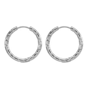 Minimalist textured stainless steel hoop earrings for women with a sleek hammered finish.