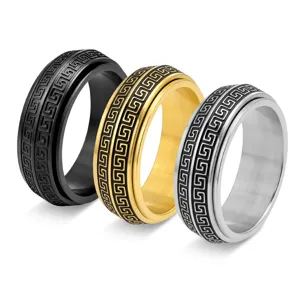 Men Titanium Steel Spinner Ring Greek Key Great Wall Pattern Rotatable Stress Relief Band Ring Fashion Cool Jewelry Gift