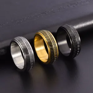 Detail of rotatable men's stainless steel rings with Greek key patterns in three colors