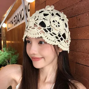 Japanische handgemachte Häkel-Strickmütze vintage hohle Beanie Mütze für Damen Frühl.