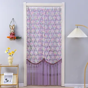 Double layer lace door curtain, purple floral mesh screen for bedroom privacy and room partition.