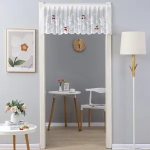 White lace short curtain with red cherry embroidery, ideal for kitchen door or window valance.