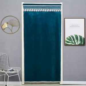 Velvet door curtain blackout room divider lace trim punch free blue green home decor 1pc