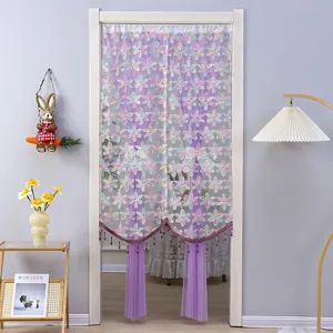 Double layer lace door curtain embroidered flower purple privacy screen mesh partition room decor