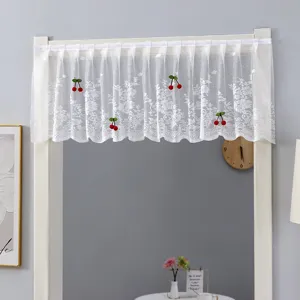 White lace short curtain with cute red cherry pom poms, sheer window valance for kitchen, door.