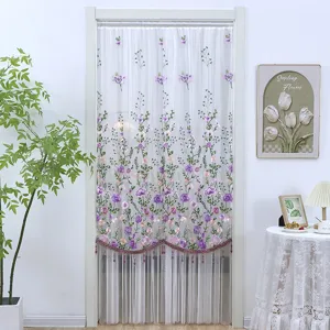 Cortina de puerta larga con bordado floral de tul, separador decorativo elegante para el hogar.