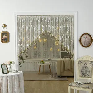French vintage lace doorway curtain detail, elegant floral embroidery and beaded fringe partition.