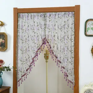Lace Door Curtain Half Curtain For Bedroom Decorative Floral Sheer Curtain With Beads And Telescopic Rod