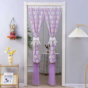 Purple lace door curtain with colorful floral embroidery, elegant bows and tassels for room decor.