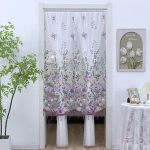 Cortina de puerta transparente floral blanca con bordado morado y abalorios para hogar