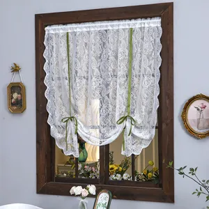 French vintage white lace short curtain detail, elegant floral pattern with green tie-back.