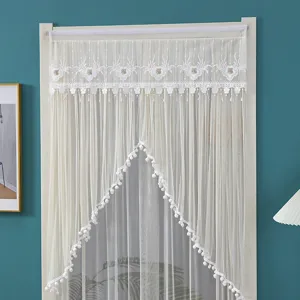 White lace door curtain mesh bedroom privacy curtain with embroidery and pom poms detail