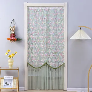 Double layer floral sheer door curtain detail, elegant lace mesh room partition scene.
