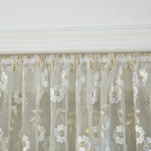 French vintage lace short door curtain with gold embroidery, elegant sheer partition for bedroom.