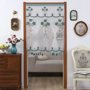 Cortina de puerta de doble capa transparente con bonito bordado azul y encaje elegante