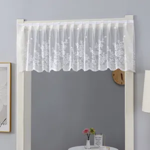 Detailed view of the white lace short curtain showcasing delicate floral patterns and scalloped edge.
