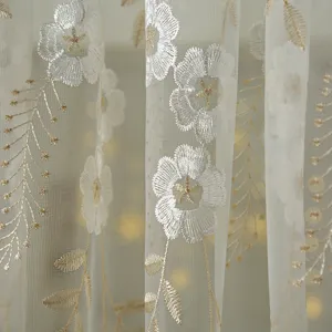 French vintage floral embroidered sheer lace curtain, elegant door partition drapery for room.