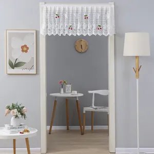 White lace short curtain valance with cherry embroidery for door kitchen cabinet decor.