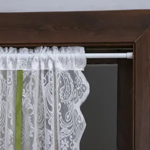 French vintage white lace curtain detail, elegant short window privacy shade with rod.
