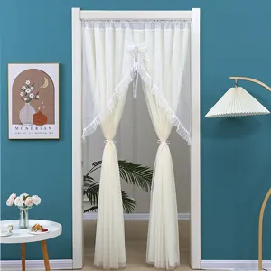 Double layer white lace door curtain partition curtain with bow home bedroom elegant decor