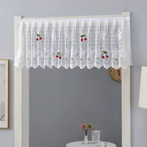 White lace short curtain valance with cute red cherry decor, perfect for kitchen cabinet and door.