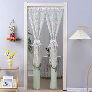 Double layer mesh lace door curtain with floral embroidery and cute bows for room privacy 1pc