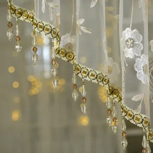 French vintage lace short curtain detail, exquisite embroidery with gold trim and beads.