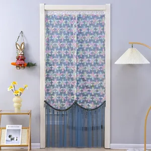 Double layer mesh door curtain with colorful floral lace and bead fringe for room privacy.